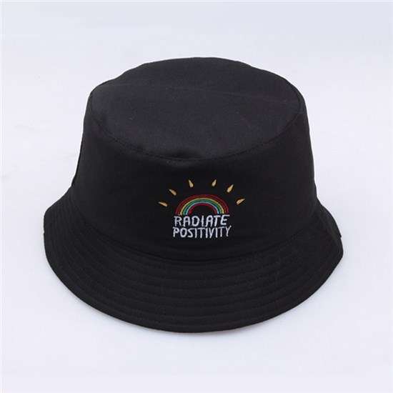 Fashion Rainbow Embroidered Black Bucket Hat Beach Fisherman Hat