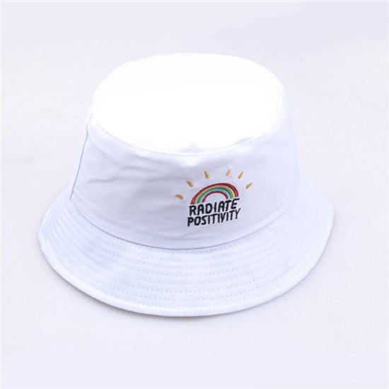 Fashion Rainbow Embroidered White Bucket Hat Beach Fisherman Hat