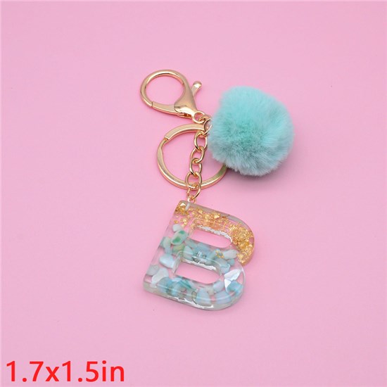 Fashion Resin Alphabet Initial Letter Keychain Key Ring, with Fur Ball Pom Bag Charm Keychain