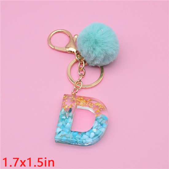 Fashion Resin Alphabet Initial Letter Keychain Key Ring, with Fur Ball Pom Bag Charm Keychain