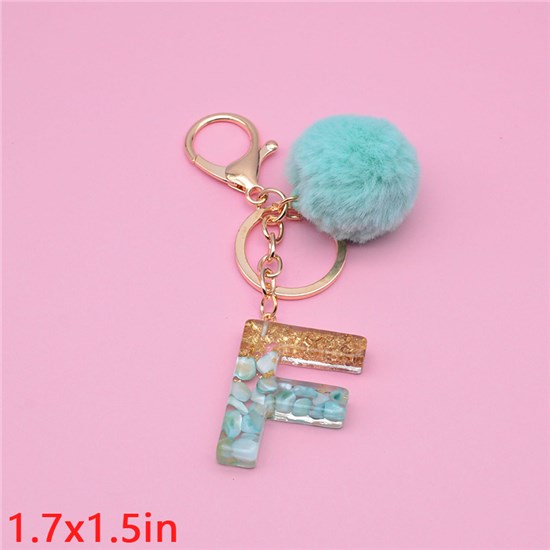 Fashion Resin Alphabet Initial Letter Keychain Key Ring, with Fur Ball Pom Bag Charm Keychain