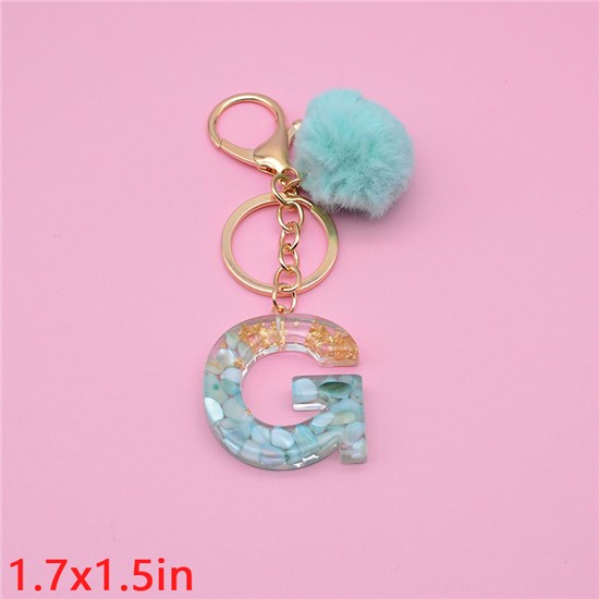 Fashion Resin Alphabet Initial Letter Keychain Key Ring, with Fur Ball Pom Bag Charm Keychain