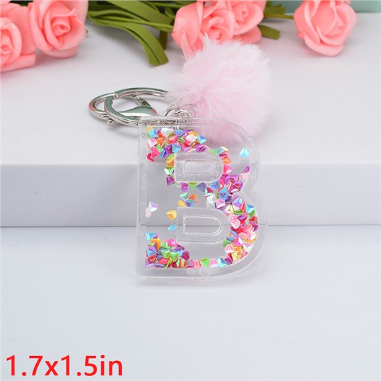 Fashion Resin Alphabet Initial Letter Keychain Key Ring, with Fur Ball Pom Bag Charm Keychain