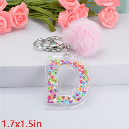 Fashion Resin Alphabet Initial Letter Keychain Key Ring, with Fur Ball Pom Bag Charm Keychain