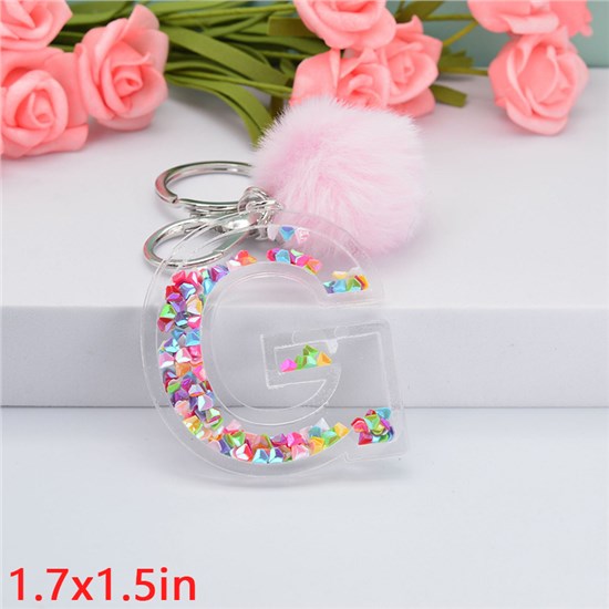 Fashion Resin Alphabet Initial Letter Keychain Key Ring, with Fur Ball Pom Bag Charm Keychain