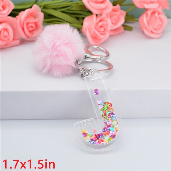 Fashion Resin Alphabet Initial Letter Keychain Key Ring, with Fur Ball Pom Bag Charm Keychain