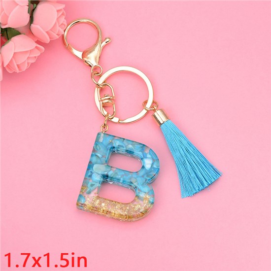 Fashion Resin Alphabet Initial Letter Keychain Key Ring, Blue Tassel Charm Keychain