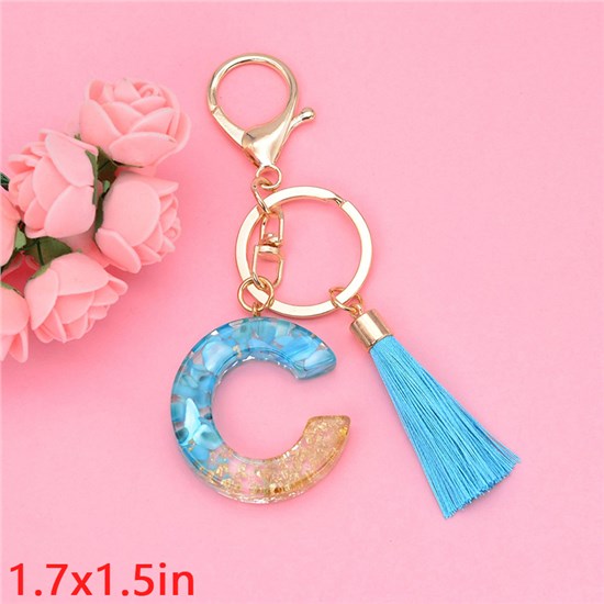 Fashion Resin Alphabet Initial Letter Keychain Key Ring, Blue Tassel Charm Keychain