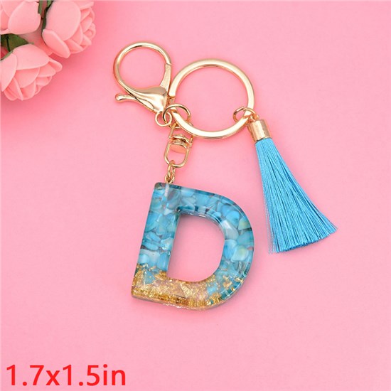 Fashion Resin Alphabet Initial Letter Keychain Key Ring, Blue Tassel Charm Keychain