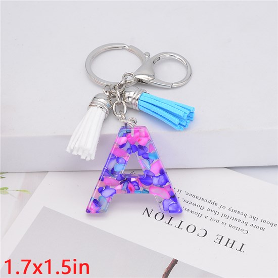 Fashion Resin Alphabet Initial Letter Keychain Key Ring, White Blue Tassel Charm Keychain