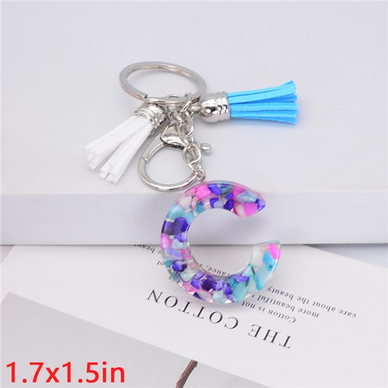 Fashion Resin Alphabet Initial Letter Keychain Key Ring, White Blue Tassel Charm Keychain