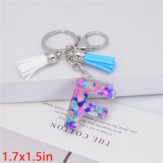 Fashion Resin Alphabet Initial Letter Keychain Key Ring, White Blue Tassel Charm Keychain