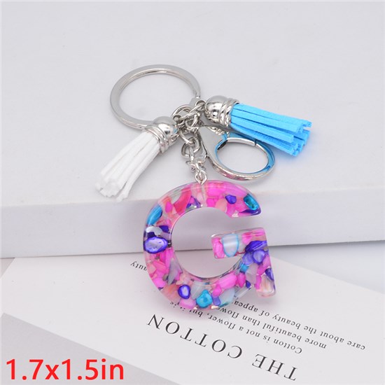 Fashion Resin Alphabet Initial Letter Keychain Key Ring, White Blue Tassel Charm Keychain