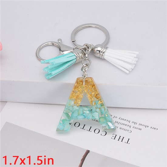 Fashion Resin Alphabet Initial Letter Keychain Key Ring, White Green Tassel Charm Keychain