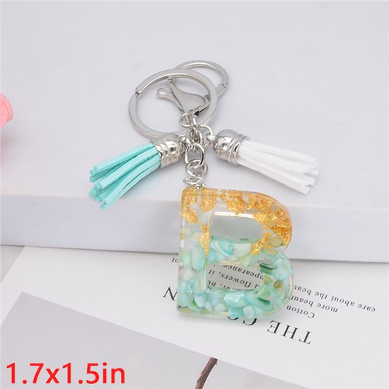 Fashion Resin Alphabet Initial Letter Keychain Key Ring, White Green Tassel Charm Keychain