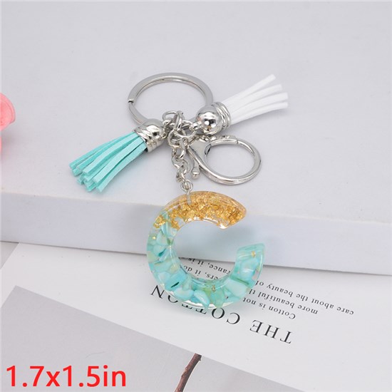 Fashion Resin Alphabet Initial Letter Keychain Key Ring, White Green Tassel Charm Keychain