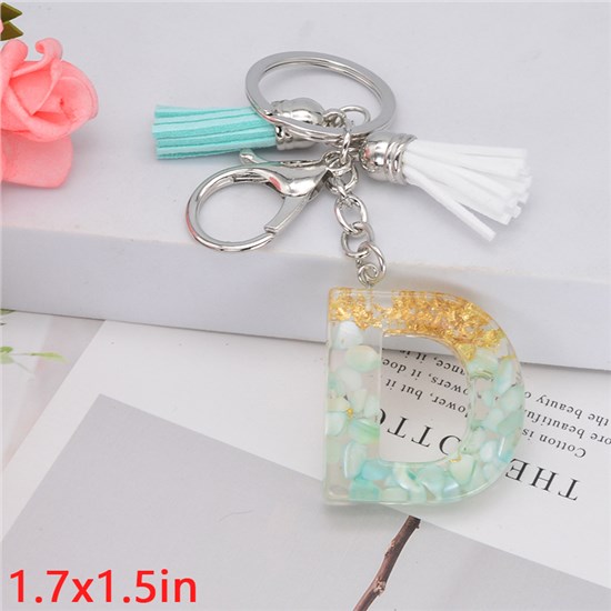 Fashion Resin Alphabet Initial Letter Keychain Key Ring, White Green Tassel Charm Keychain