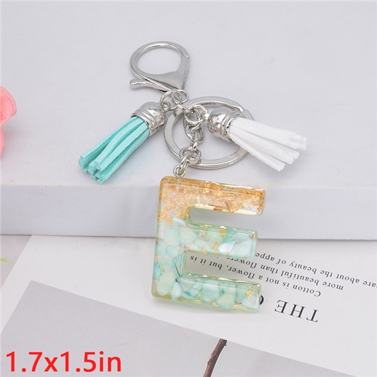 Fashion Resin Alphabet Initial Letter Keychain Key Ring, White Green Tassel Charm Keychain