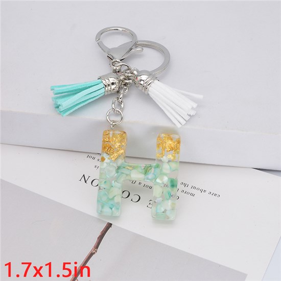 Fashion Resin Alphabet Initial Letter Keychain Key Ring, White Green Tassel Charm Keychain