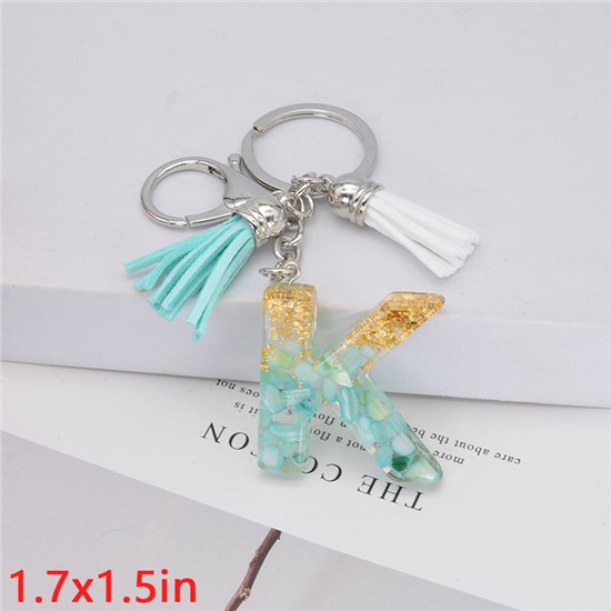 Fashion Resin Alphabet Initial Letter Keychain Key Ring, White Green Tassel Charm Keychain