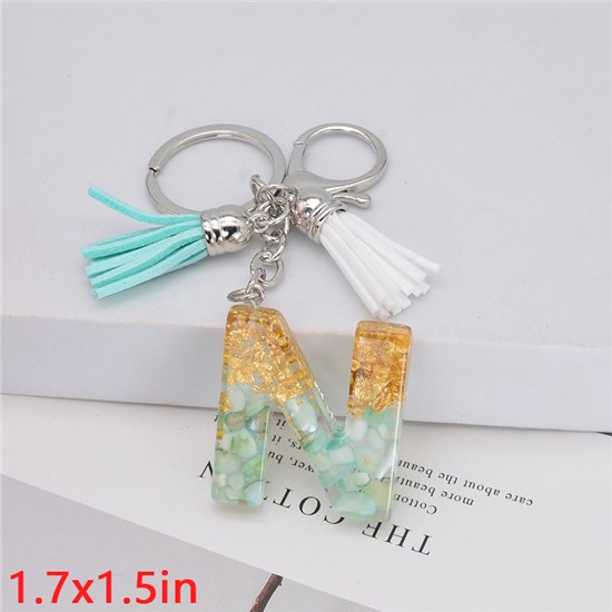 Fashion Resin Alphabet Initial Letter Keychain Key Ring, White Green Tassel Charm Keychain