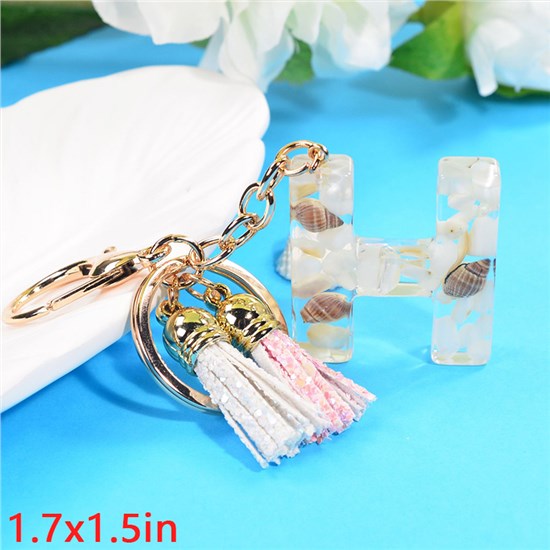 Fashion Resin Alphabet Initial Letter Keychain Key Ring, White Pink Tassel Charm Keychain