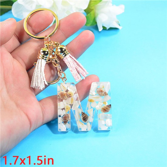 Fashion Resin Alphabet Initial Letter Keychain Key Ring, White Pink Tassel Charm Keychain