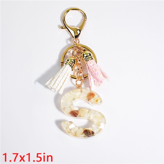 Fashion Resin Alphabet Initial Letter Keychain Key Ring, White Pink Tassel Charm Keychain