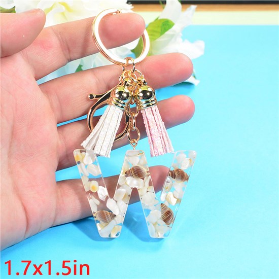 Fashion Resin Alphabet Initial Letter Keychain Key Ring, White Pink Tassel Charm Keychain