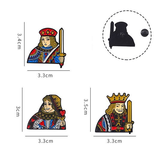 Cartoon Poker King Queen Daily Life Decor Enamel Brooch Pins Set