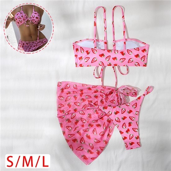 Strawberry Print Women's 3 Piece Swimsuits Triangle Bikini Bathing Suits 