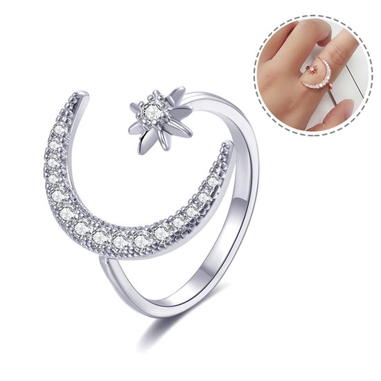 Silver Crescent Moon Star Rings for Women Girls Adjustable Moon Ring