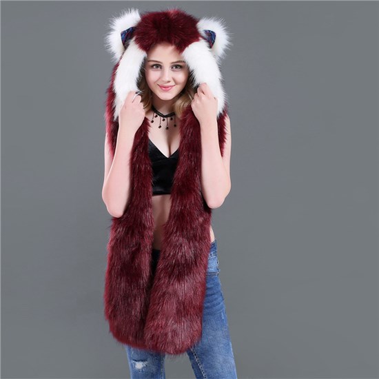 Artificial Fur 3-in-1 Hat Scarf Gloves Animal Hat