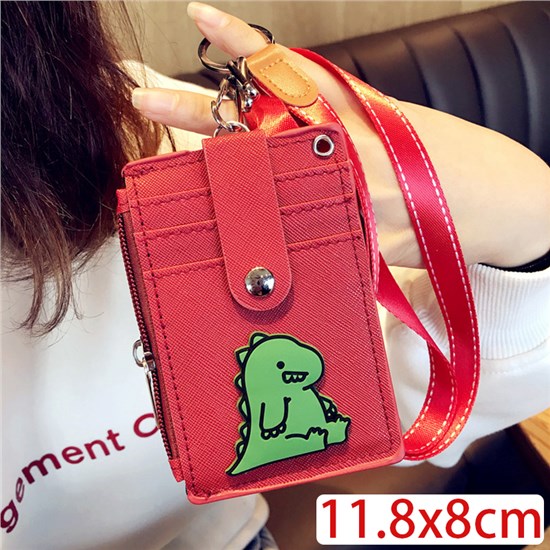 Red Lanyard ID Badge Holder Case PU Leather Credit Card Wallet Dinosaur Keychain Key Ring