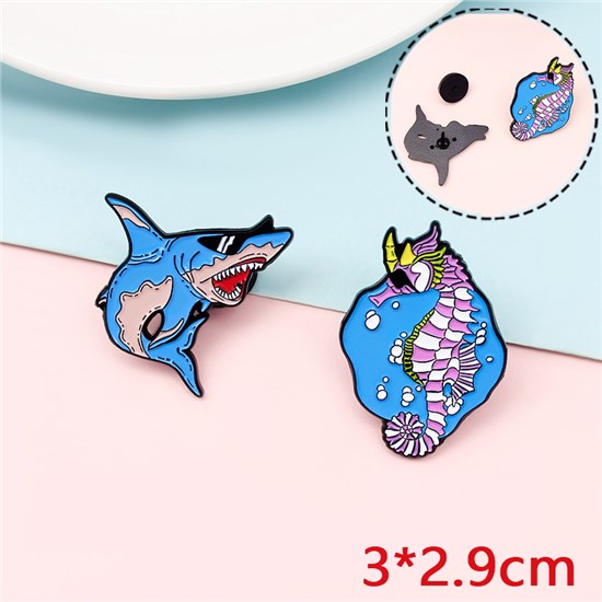 Funny Animal Shark Hippocampus Enamel Pin Brooch Badge Set