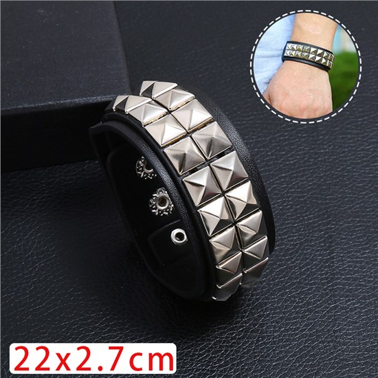 Unisex Black Leather Silver Pyramid Studs Wristband Punk Bracelet