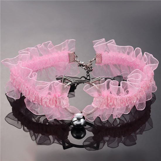 Gothic Lolita Punk Cat Shape Pink Lace Necklace Bell Choker Cosplay
