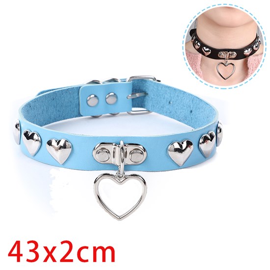 Punk Love Heart Pendant Blue PU Leather Necklace Gothic Choker