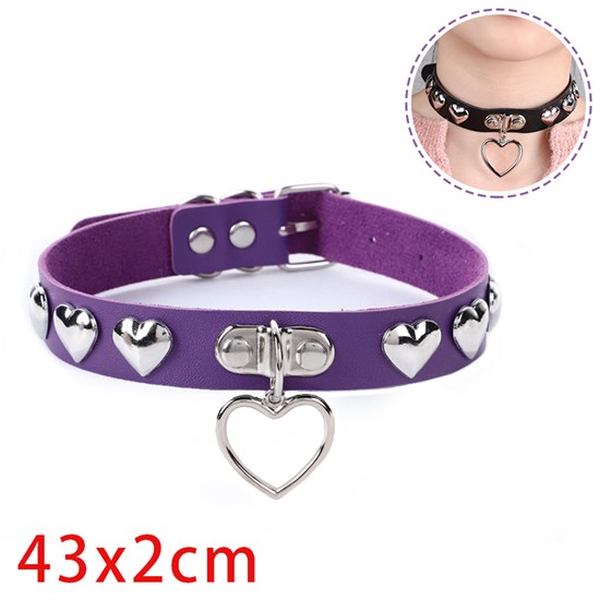 Punk Love Heart Pendant Purple PU Leather Necklace Gothic Choker