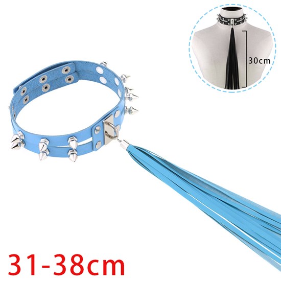 Punk Rivet Blue PU Leather Tassel Necklace Gothic Choker