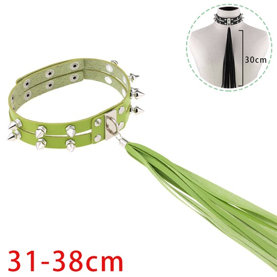 Punk Rivet Green PU Leather Tassel Necklace Gothic Choker