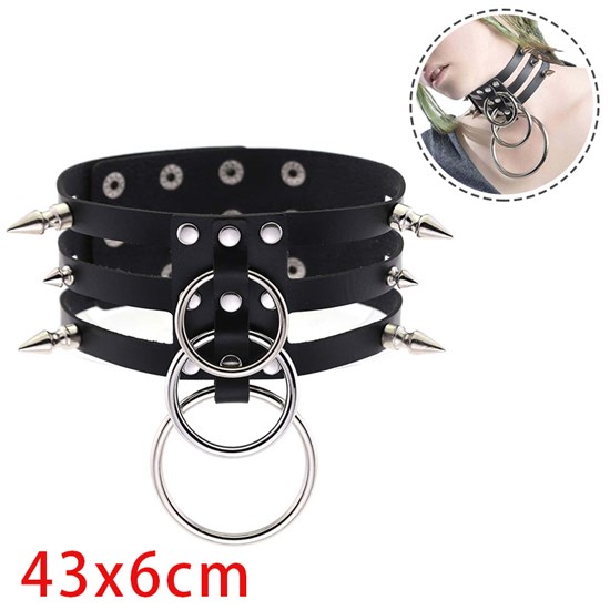 Punk Rivet PU Leather Necklace Gothic 3 Row O Ring Choker