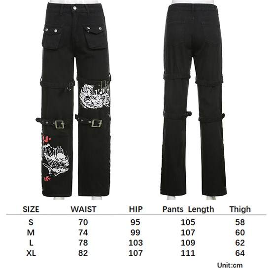 Women's Gothic High Waist Print Cargo Pants Casual Loose Punk Buckle Denim Pants Trousers Streetwear