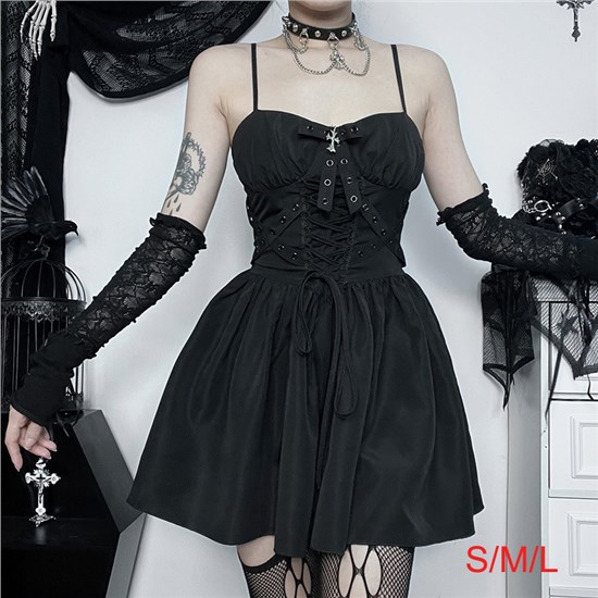 Gothic Black Sleeveless Dress Punk Cosplay Costume
