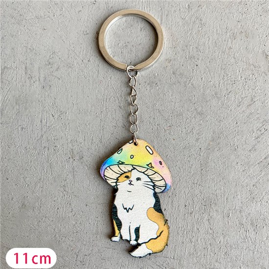 Psychedelic Mushroom Cat Wooden Key Ring Keychain