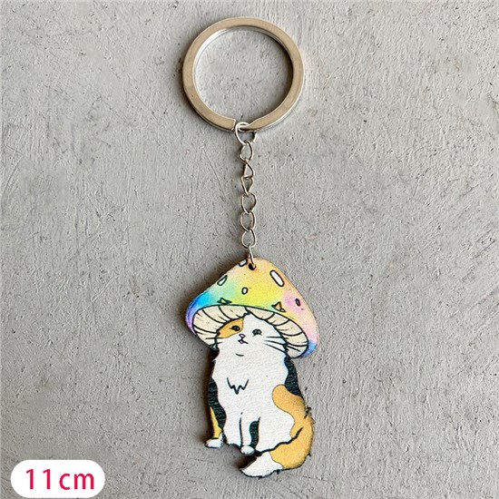 Psychedelic Mushroom Cat Wooden Key Ring Keychain