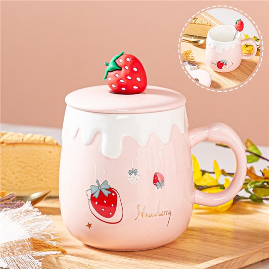 Funny Coffee Mug, Cute Ceramic Strawberry Mugs, Lovely Fruit Tea Cups with Lid and Spoon
