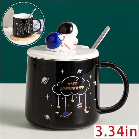 Funny Coffee Mug, Cute Ceramic Astronaut Mugs, Lovely Space Tea Cups with Lid and Spoon