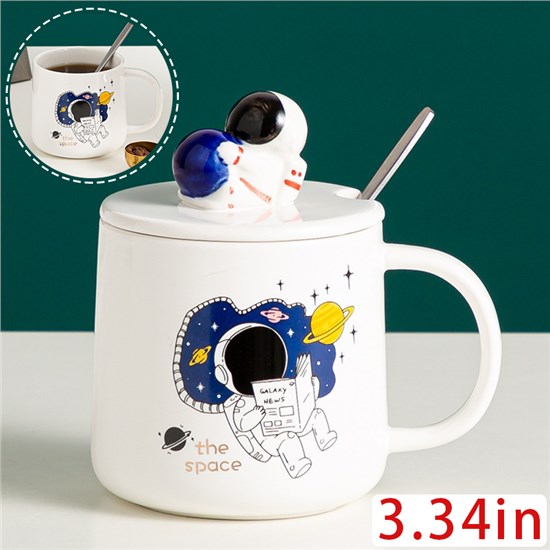 Funny Coffee Mug, Cute Ceramic Astronaut Mugs, Lovely Space Tea Cups with Lid and Spoon