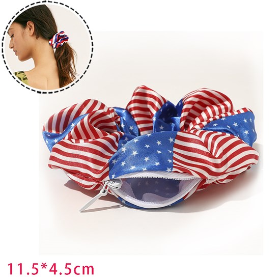 Independence Day USA American Flag Hair Scrunchie With Zipper Pocket Hair Tie